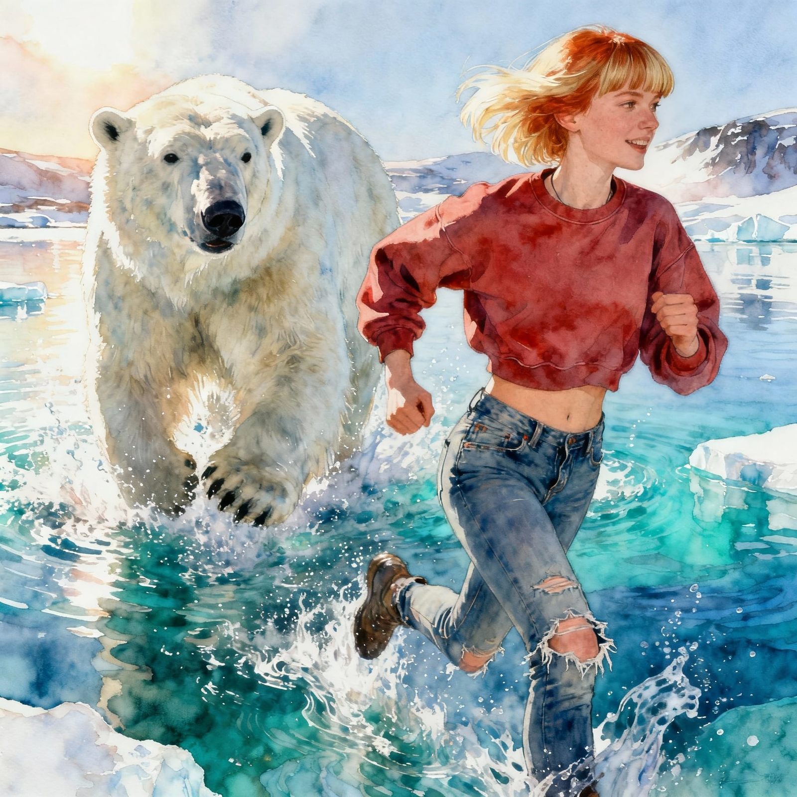 Woman and Polar Bear Chase in Icy Lake