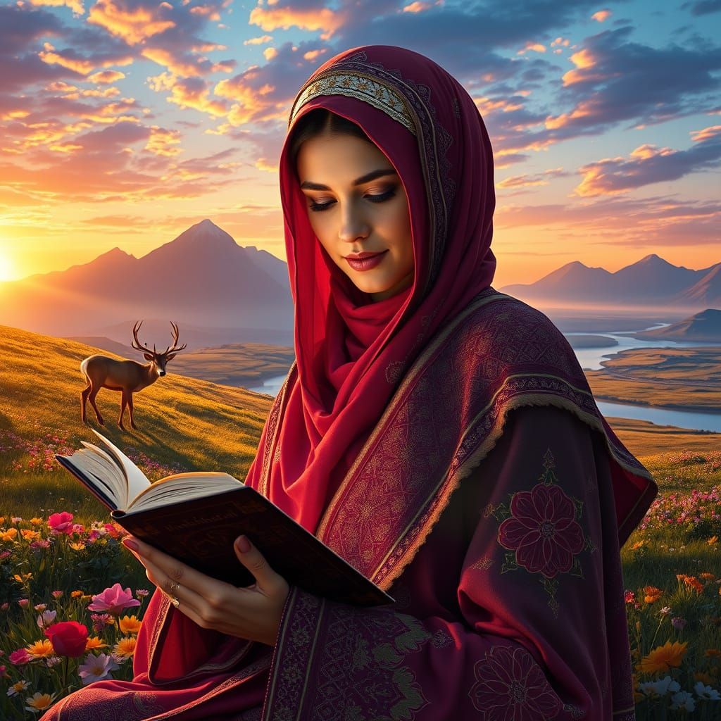 Elegant Arab Woman in Serene Flowery Meadow