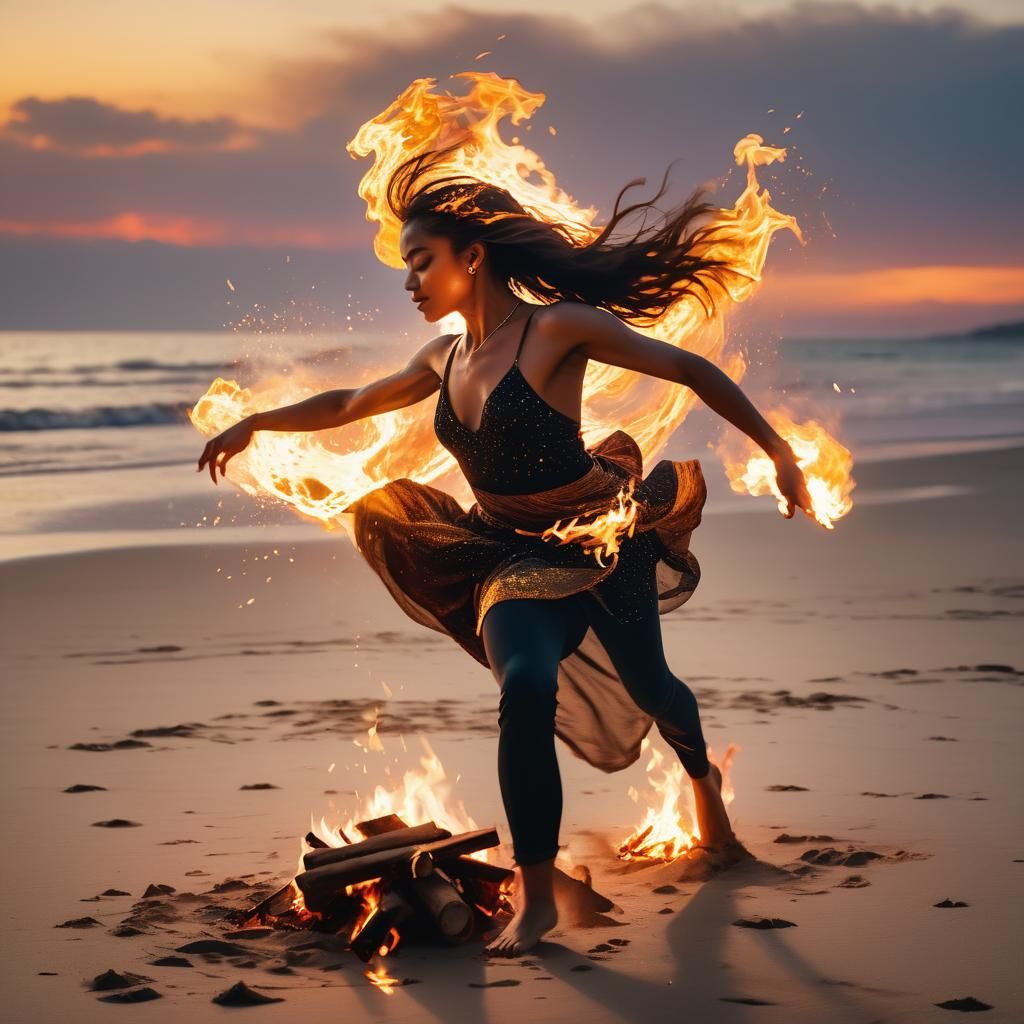 Sunset Beach Bonfire Dance in Golden Hour Light