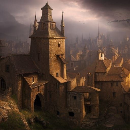 Dark Fantasy Medieval Village: Hyperdetailed Digital Paintin...