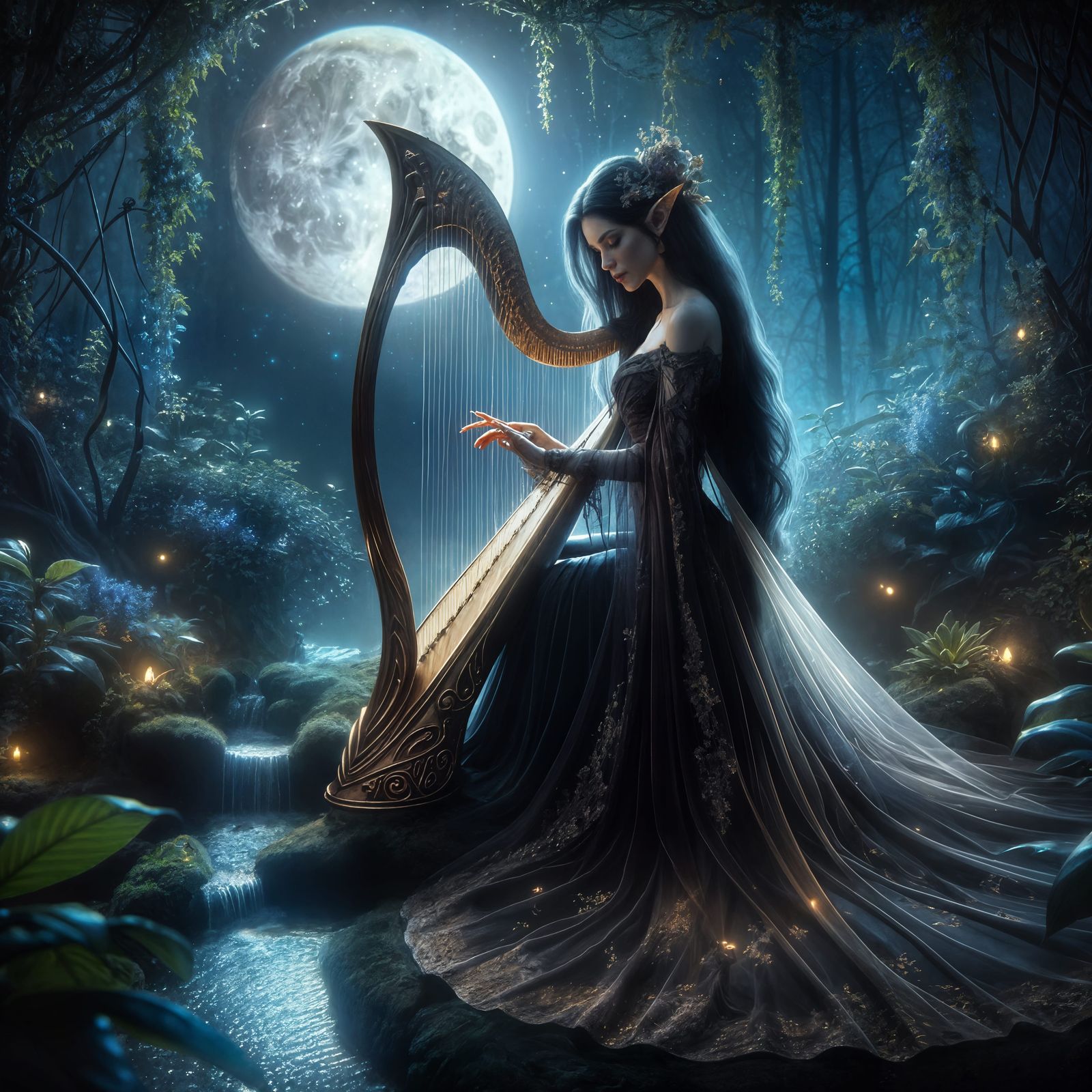 Elven Princess Plays Harp in Enchanted Garden