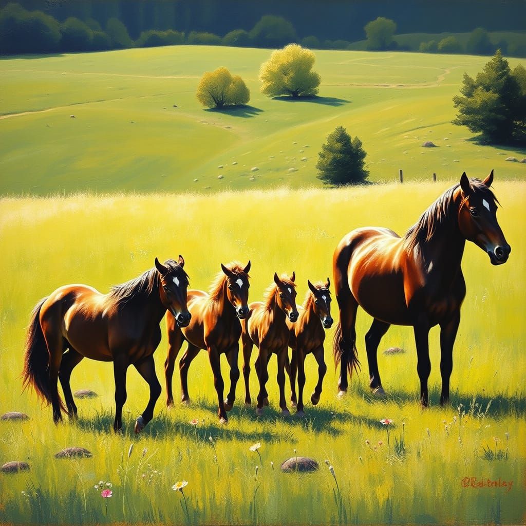 Horses and Foals in Field: Oil Painted Landscape