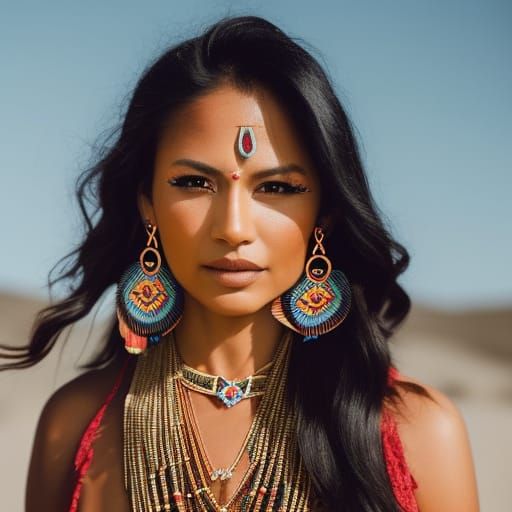 Native American Woman with Fox and Floral Adornments
