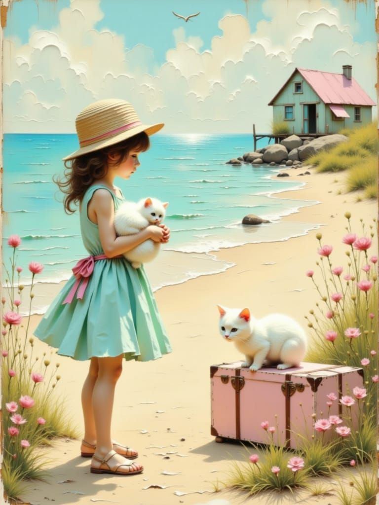 Whimsical Girl and Kitten by Beach Cottage