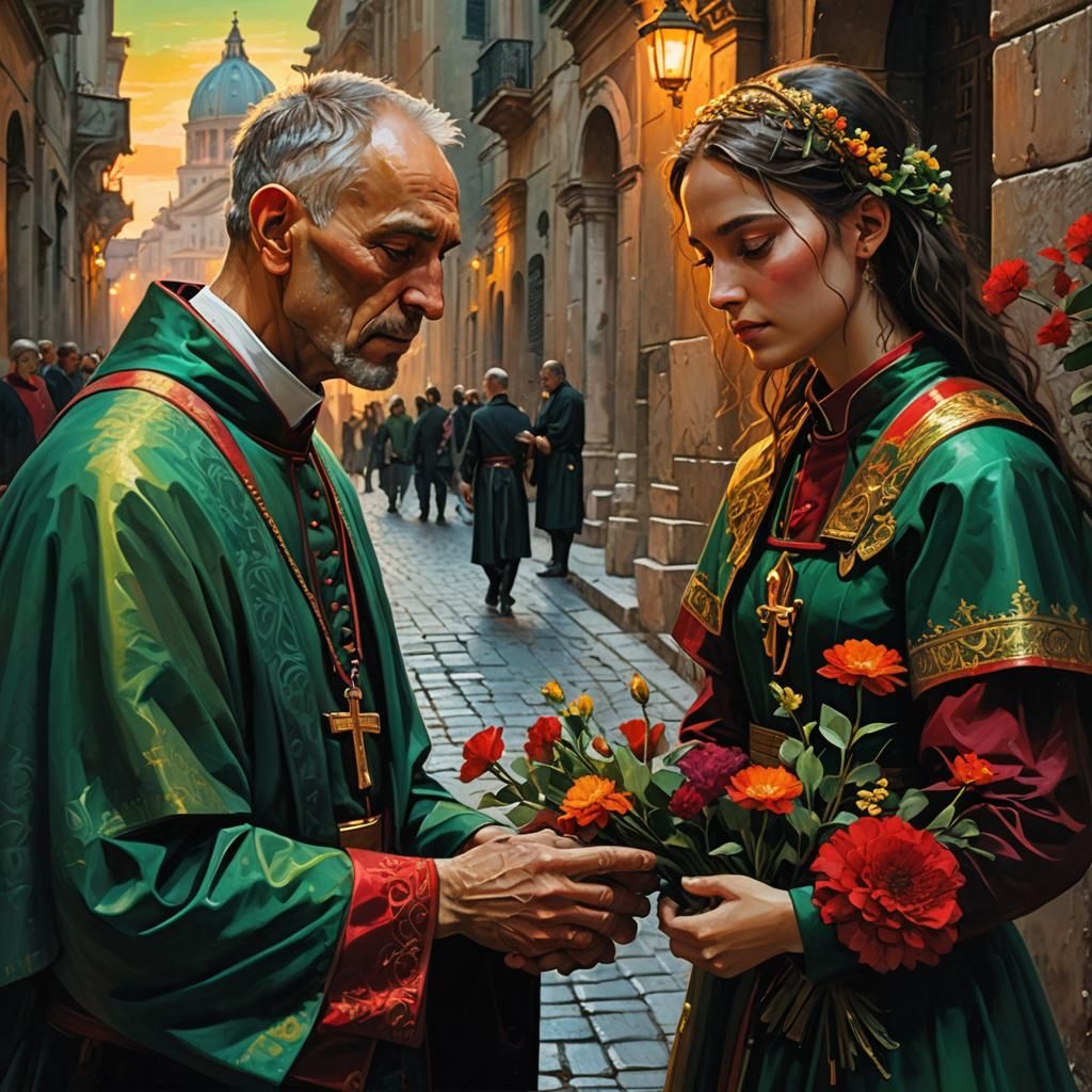 Priest Offers Flowers in Vatican City Street
