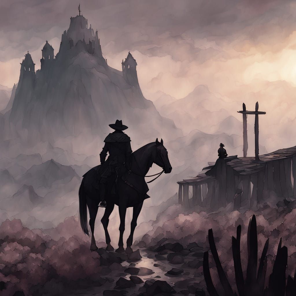 Mysterious Figure on Horseback in Foggy Abandoned Town