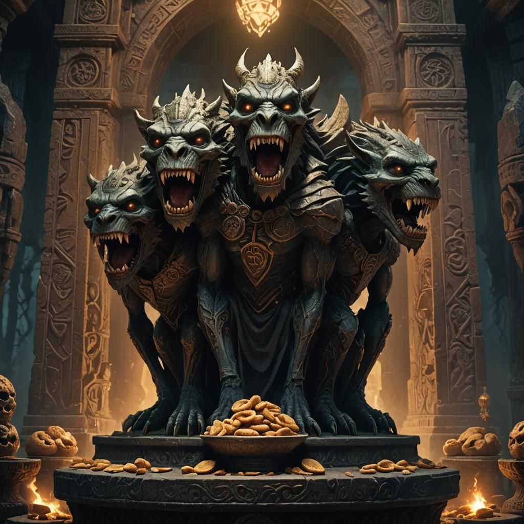 Three-Headed Beast on Ancient Pedestal in Dark Fantasy Style