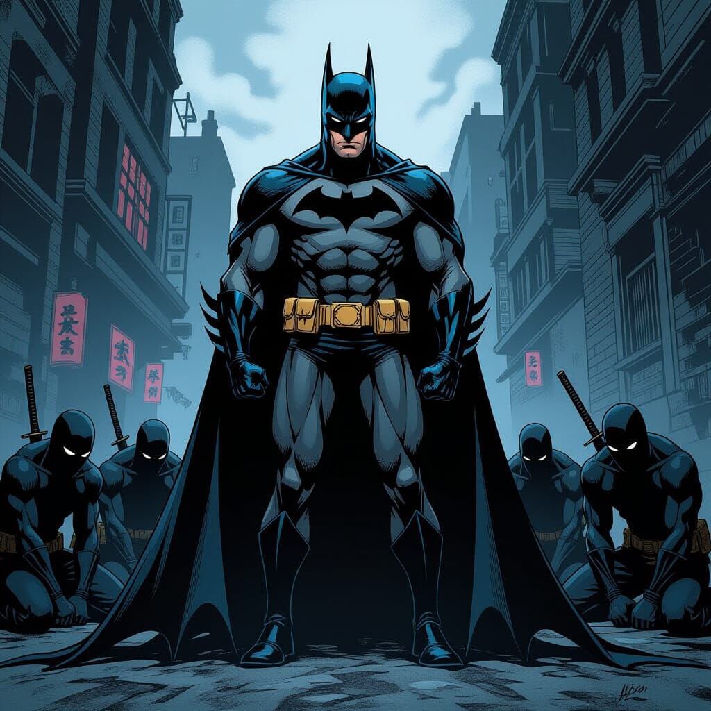 Batman, King of Shadows, with Kneeling Ninjas in Comic Art