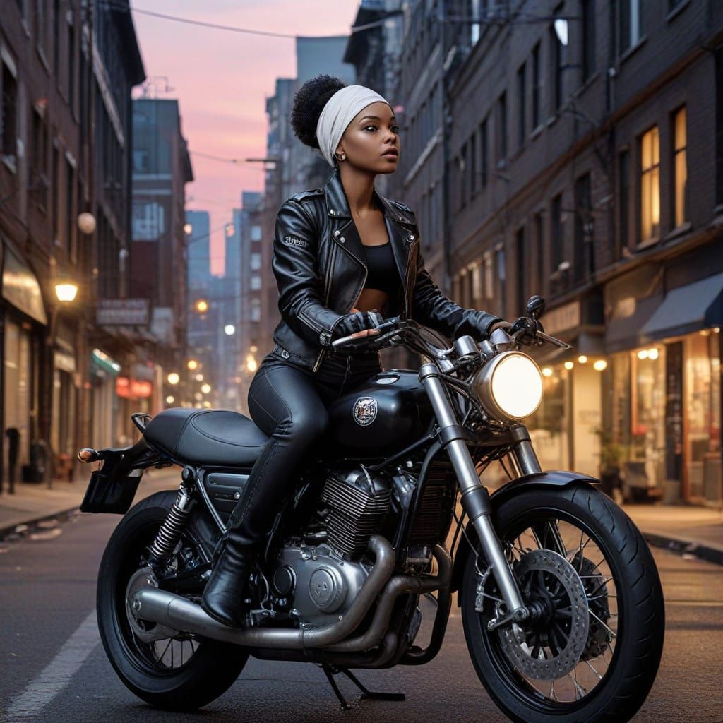 Hello Kitty Rides High-Tech Motorcycle in Gritty Cityscape