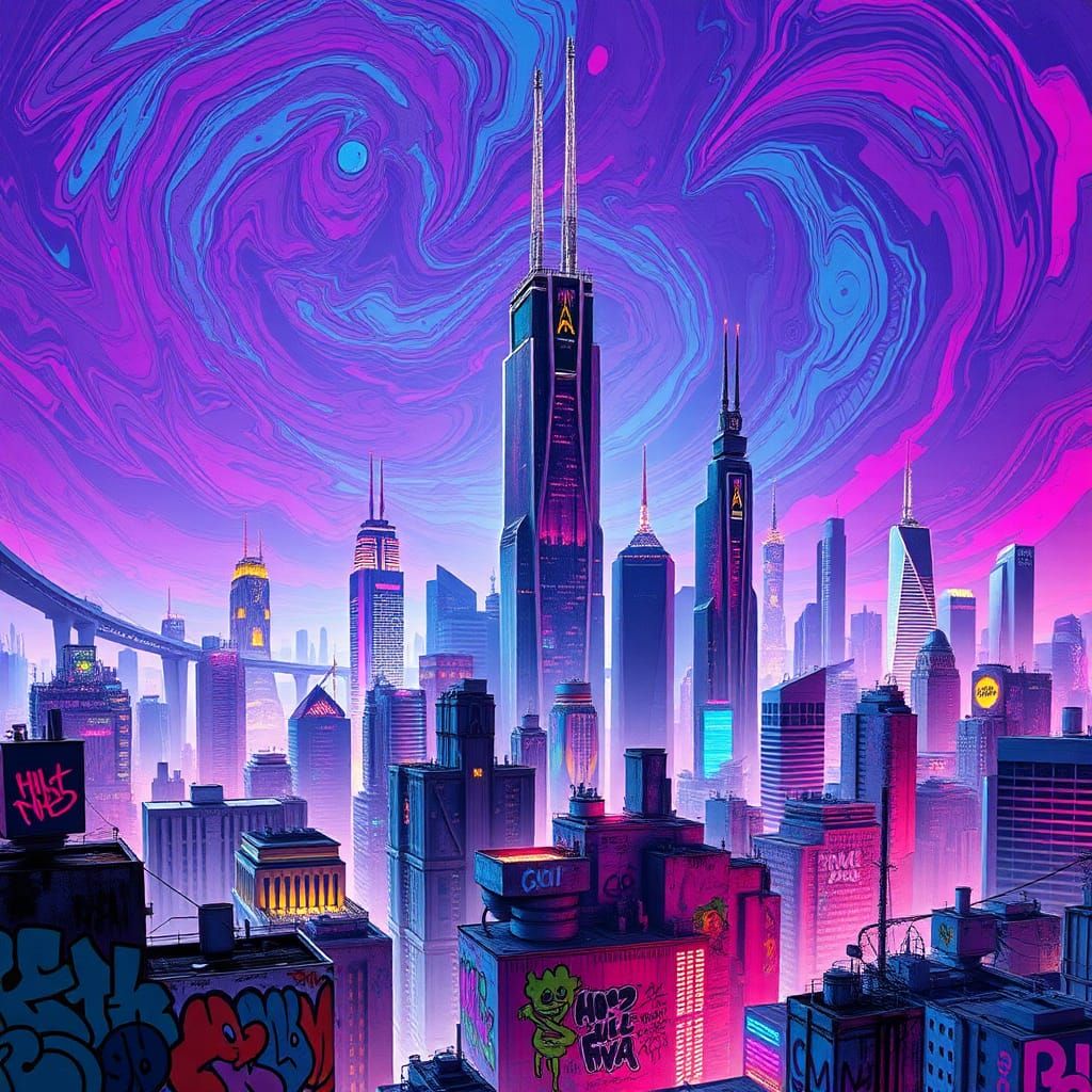 Neon Cyberpunk Cityscape with Graffiti Art