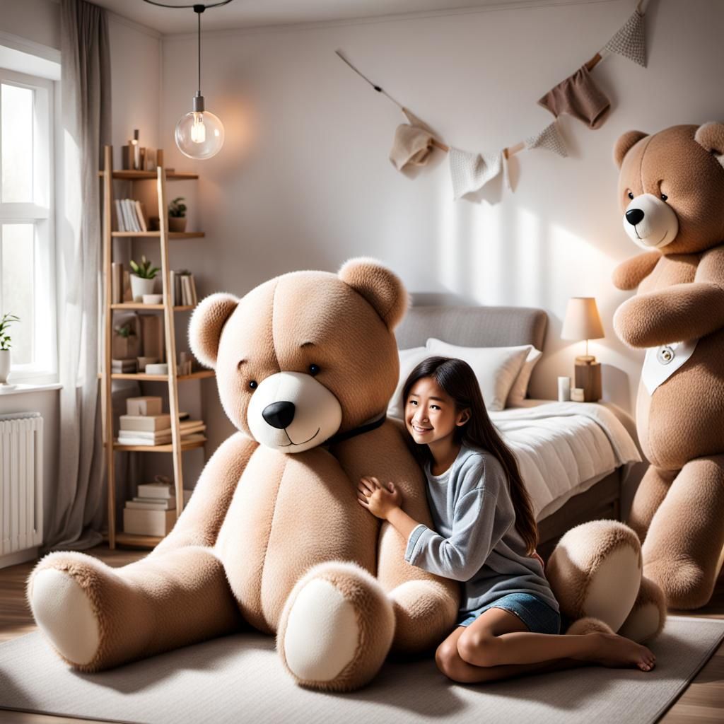 Girl Hugging a Giant Teddy Bear in Cozy Room