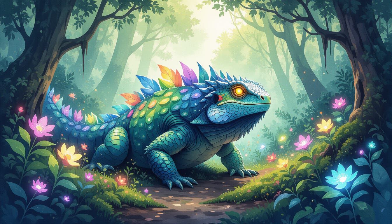 Bioluminescent Forest Lurker in Watercolor Impressionism