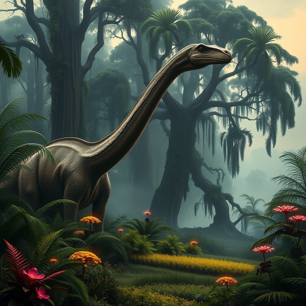 Brachiosaurus in Bioluminescent Jungle, Painterly Style