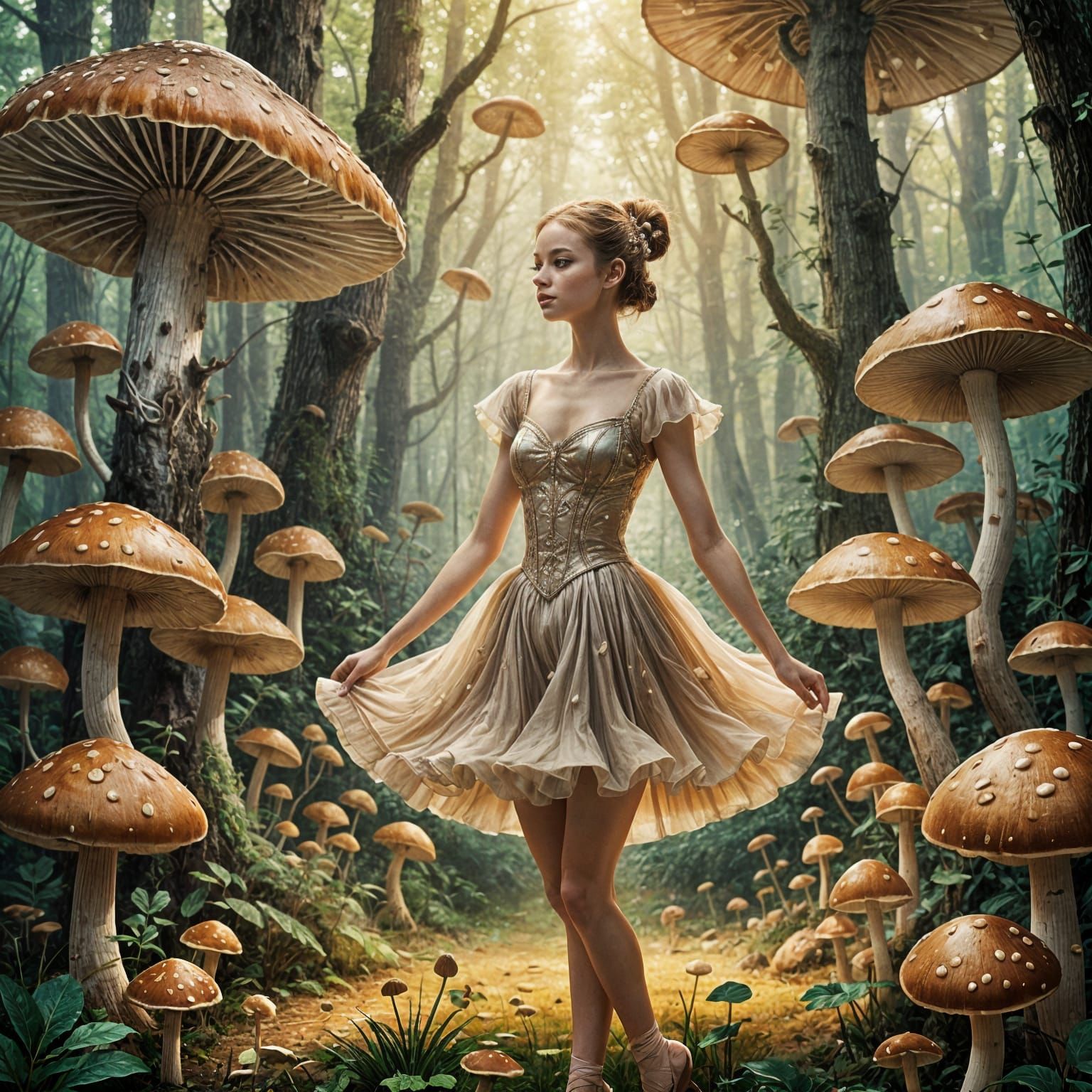 Ballerina Dancing in a Giant Mushroom Grove