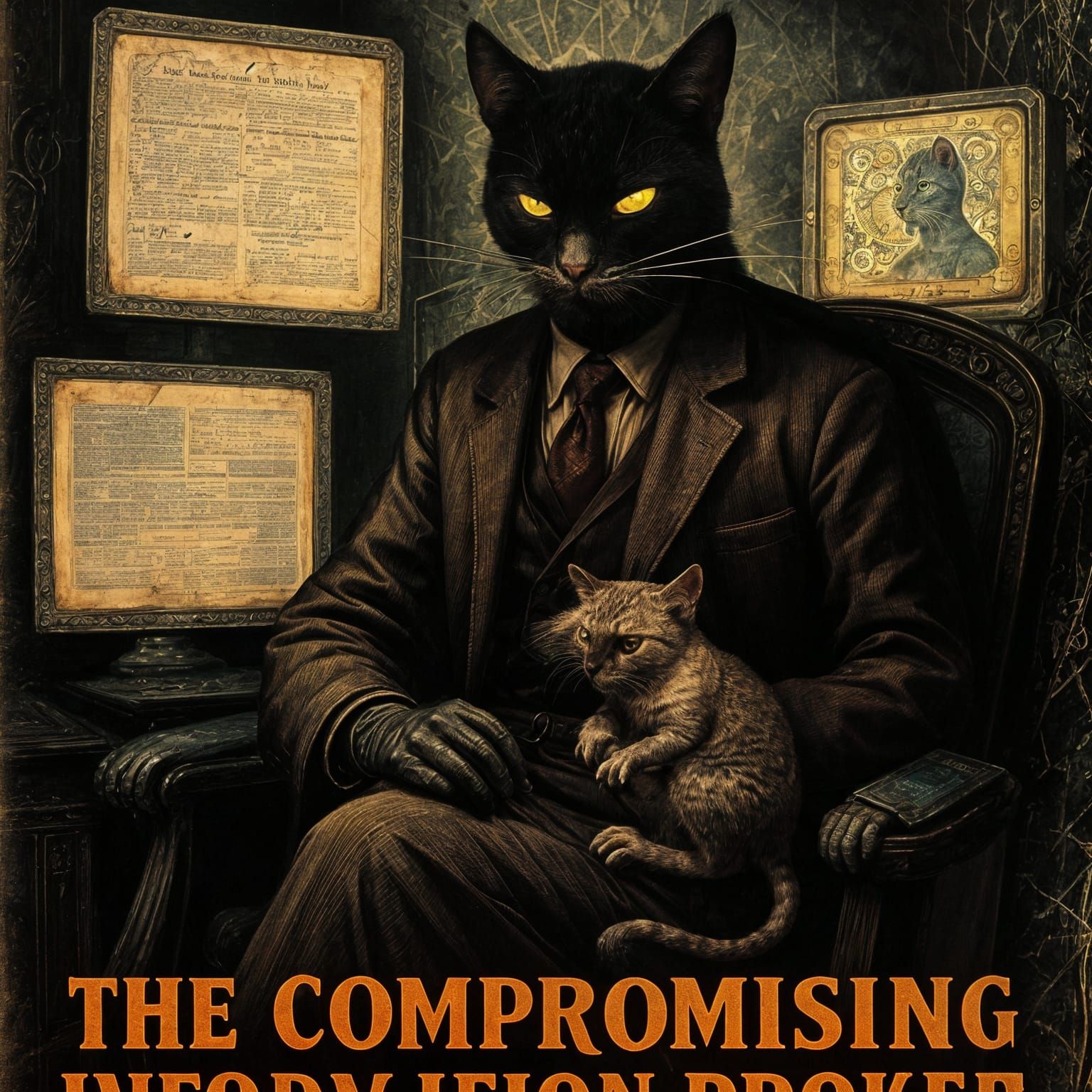 Enigmatic Cat Villain in Dimly Lit Lair Illustration