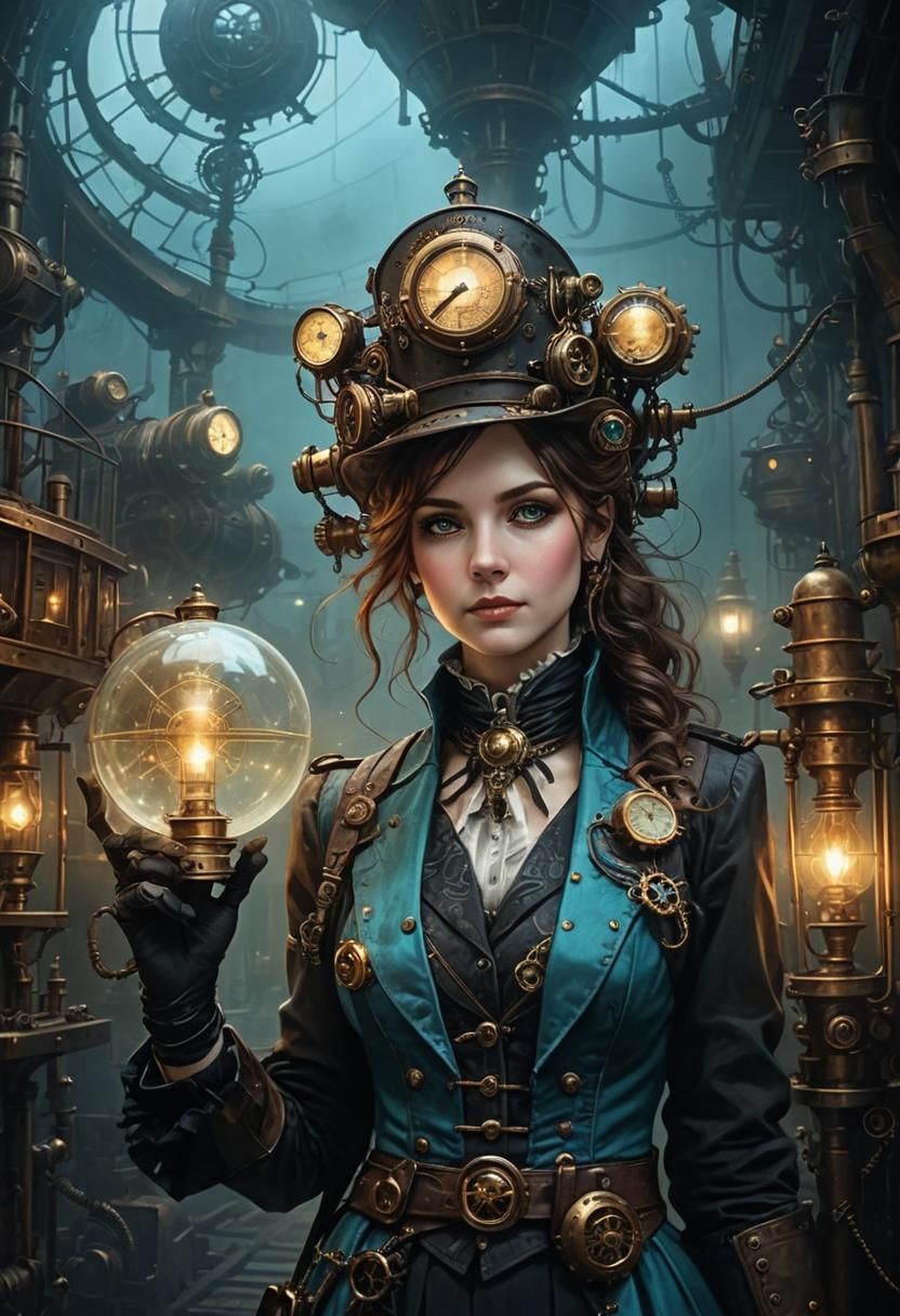 Steampunk Lady in Cyan Light