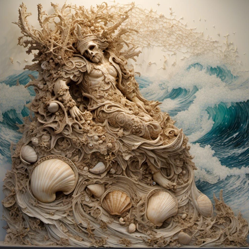Poseidon in Hyperreal Pyrography Ocean Scene