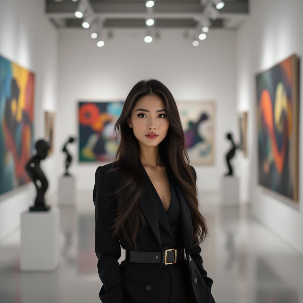 Confident Woman in Art Gallery: Cinematic Still