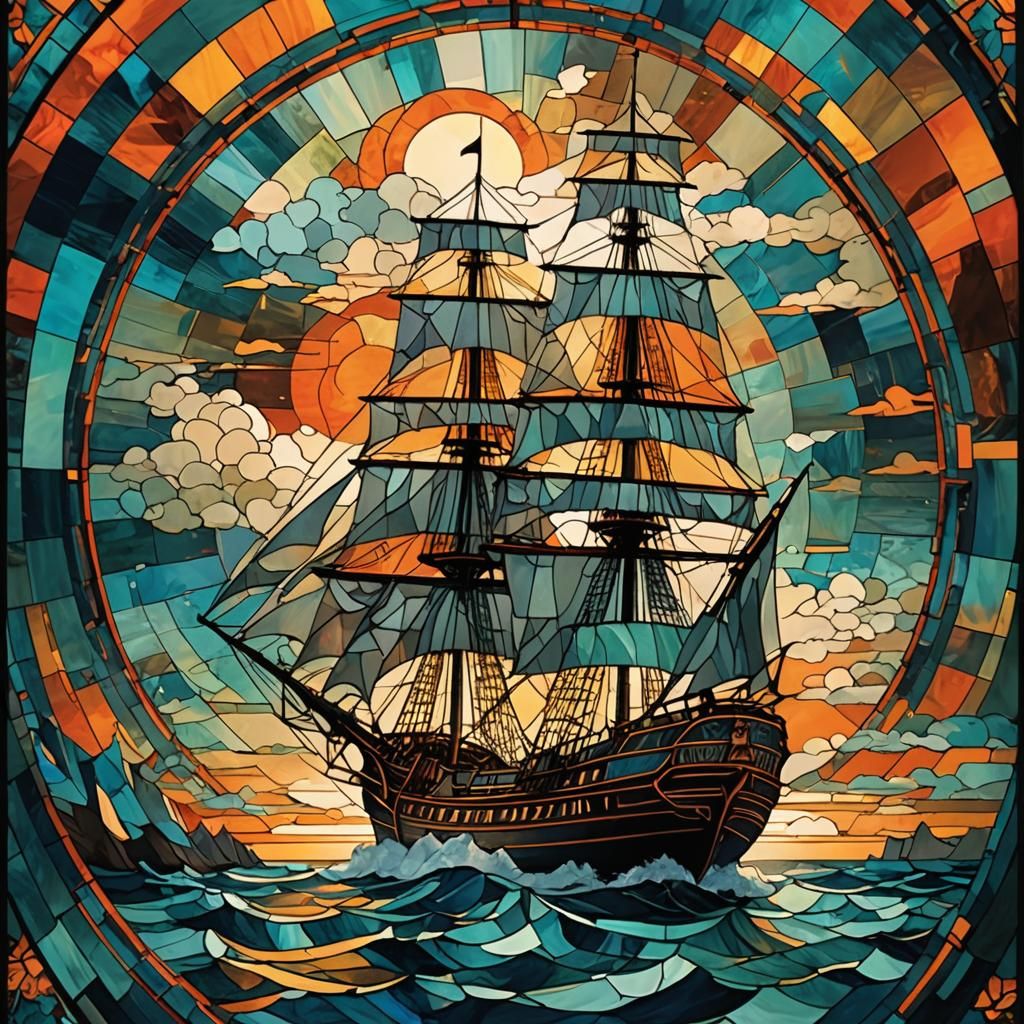 Stained Glass Sailing Ship at Sunset: Masterpiece
