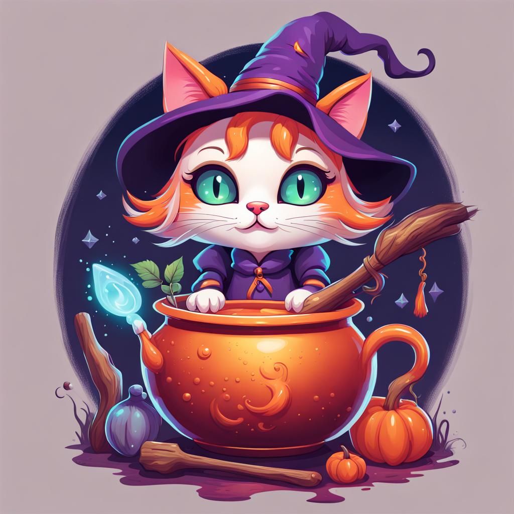 Cute Cat Witch Brews Magic: T-Shirt Graphic