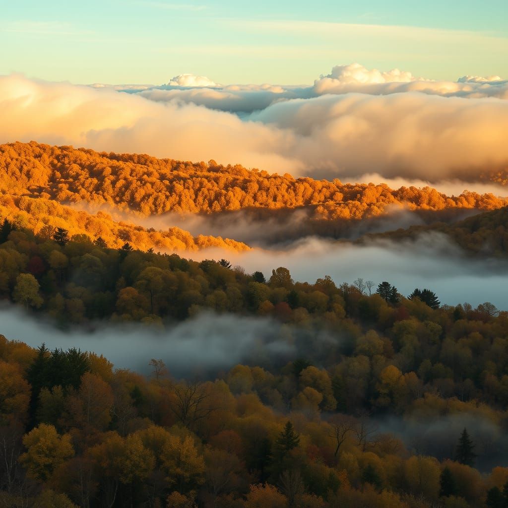 Autumn Fog Over Wooded Hills at Dawn
