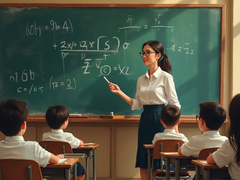 Confident Math Teacher Inspires Young Minds in Futuristic Cl...