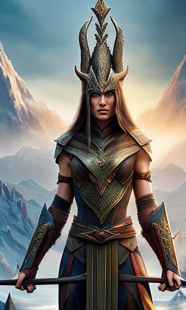 Epic Elf Warrior in Mountain Scene, Hyperrealistic Art