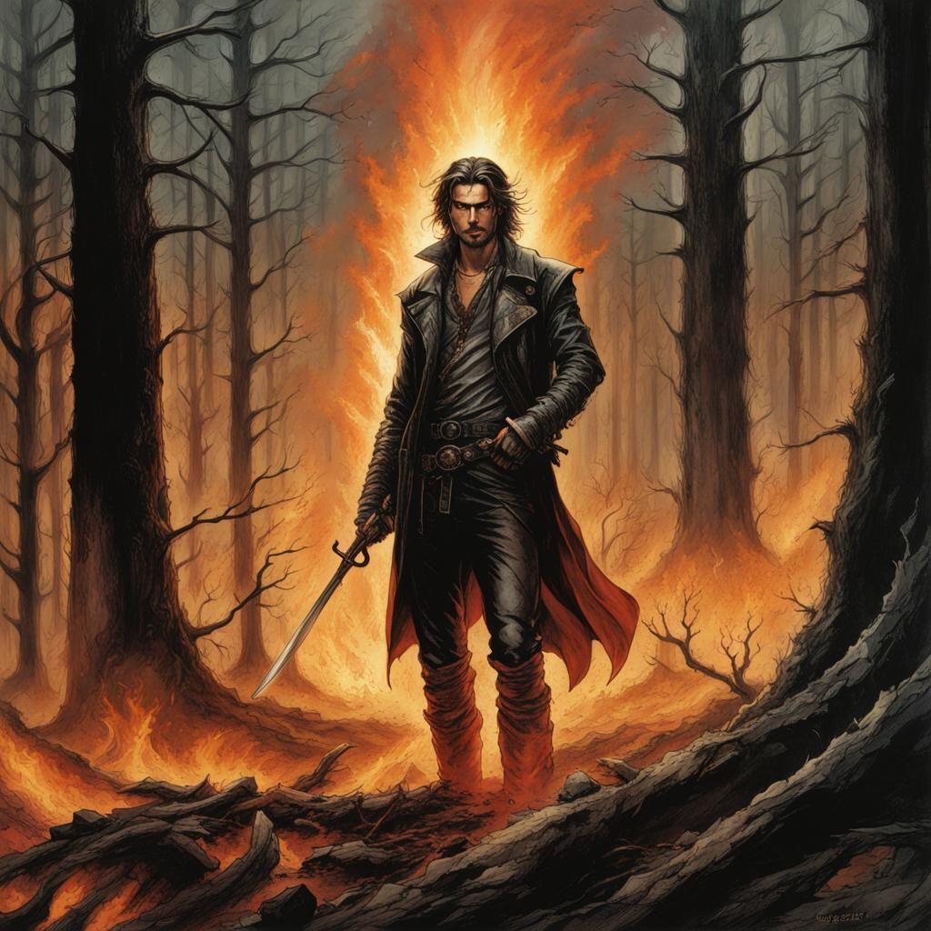 Hipster Man in Forest Fire, Dark Fantasy Illustration