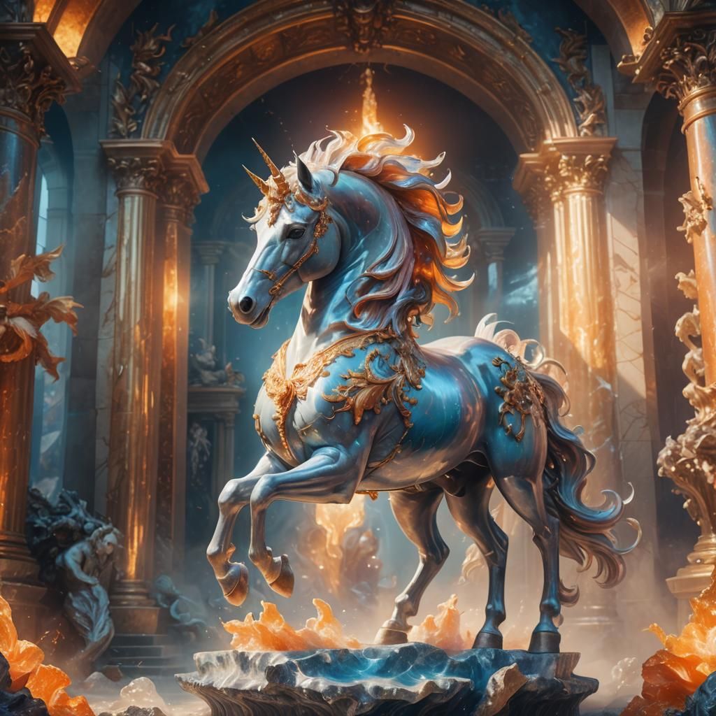 Iridescent Marble Unicorn in Baroque Fantasy Art
