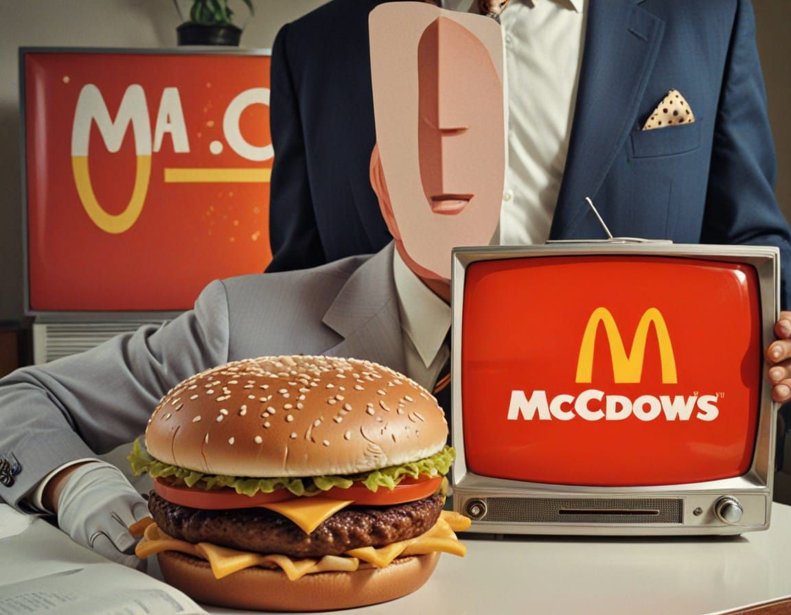 Retro Pop Art Portrait of a Man Holding a Big Mac in a 1970s...