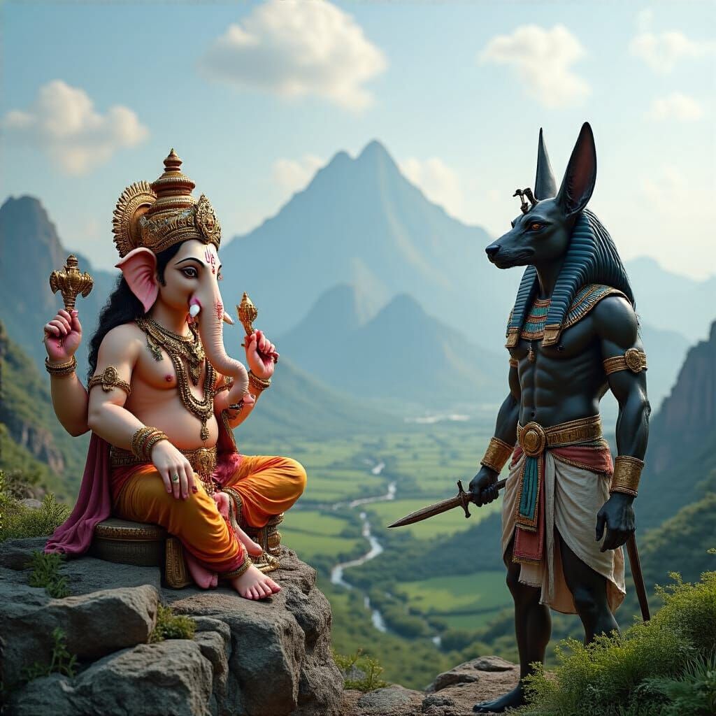Ganesha and Anubis Meeting on a Mountain Crest