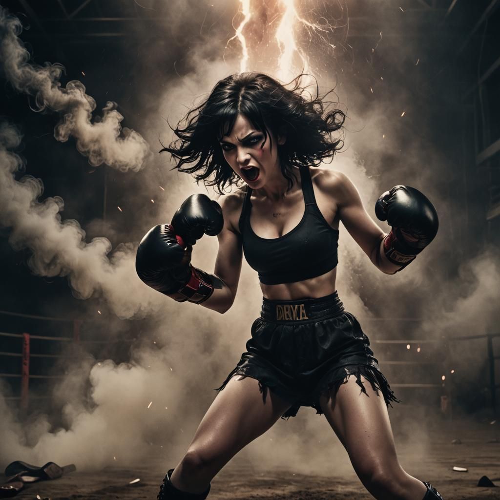 Emo Woman Boxing the Devil in Dark Arena