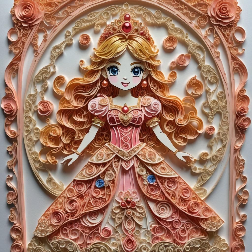 Princess Peach dressed as a goddess. brocade filigree quilli...