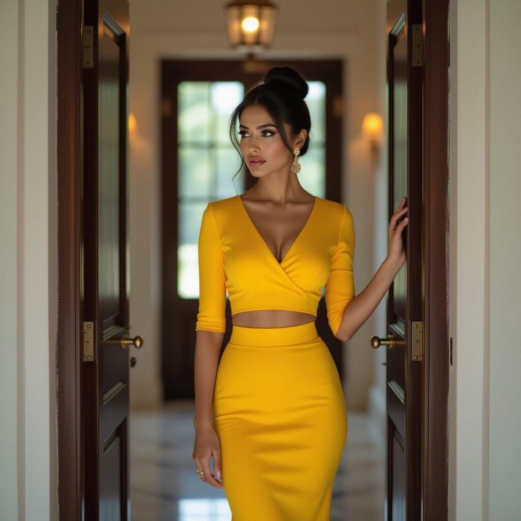 Stunning Indian Woman in Yellow Pencil Skirt at Doorway