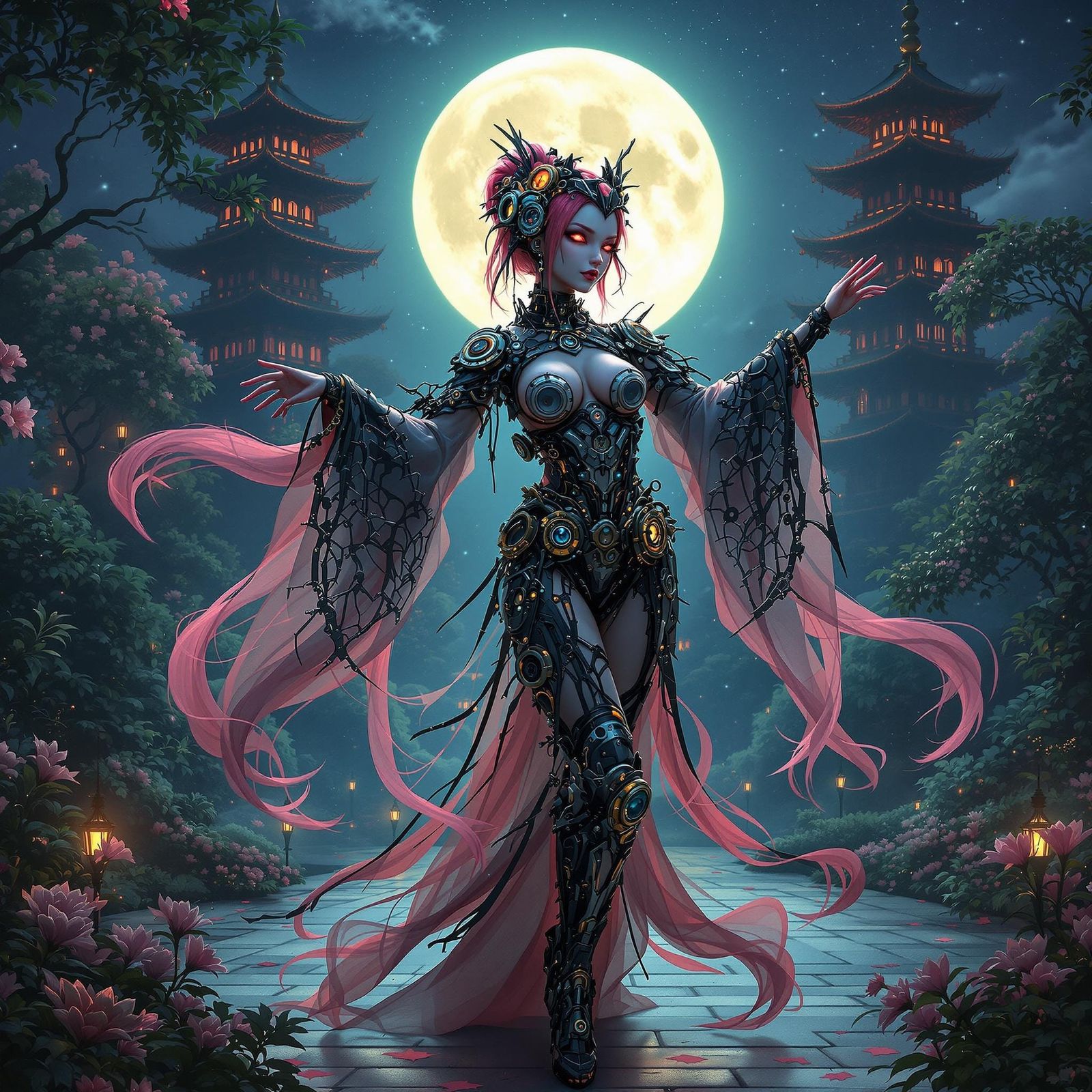 Gothic Cyborg Geisha Dances in Moonlit Zen Garden