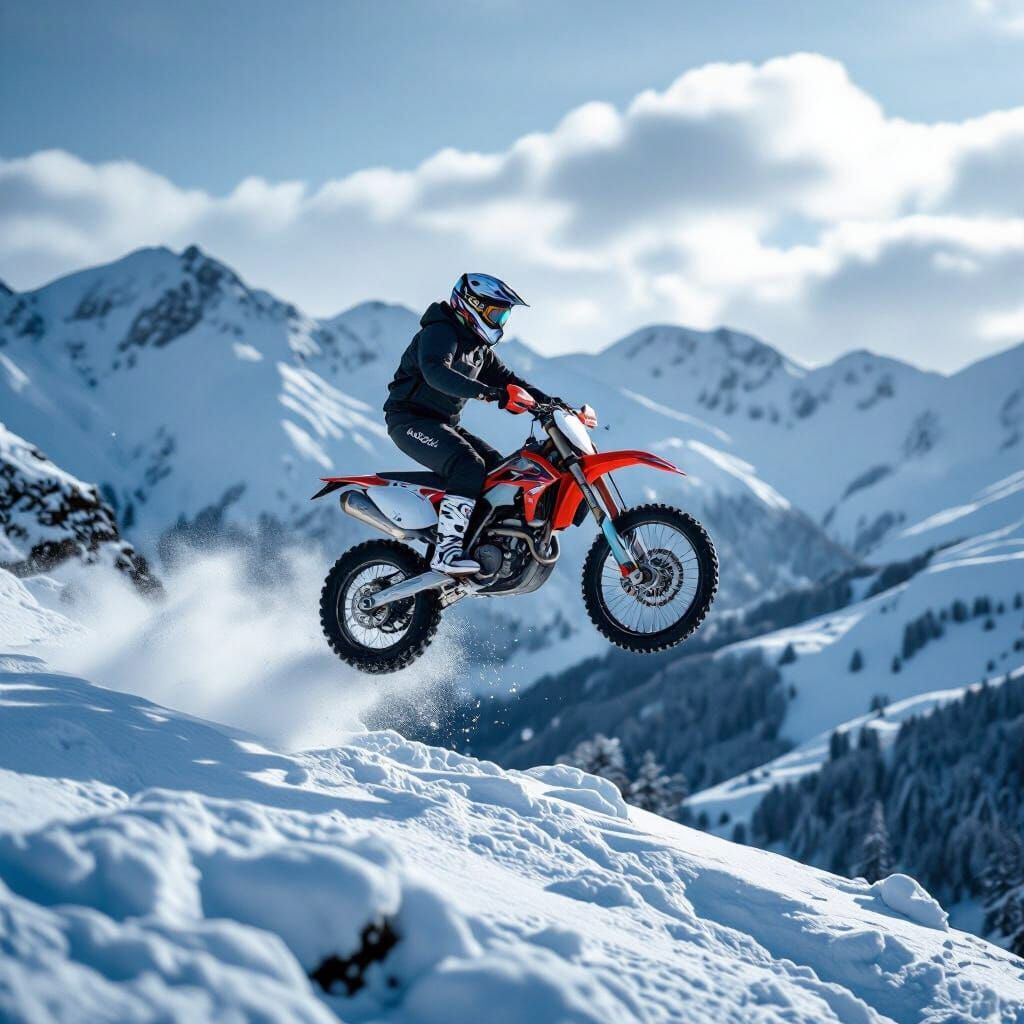 Motocross Rider Airborne in Snowy Snowdonia Mountains