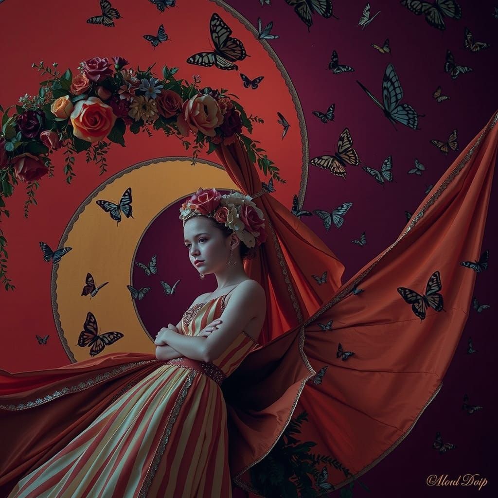 Woman in Citrus Light Gown with Butterflies and Flower Crown