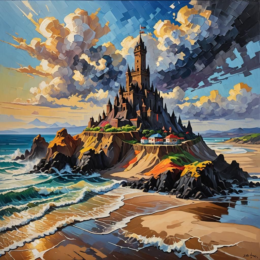 Volcanic Sandcastle in Neo-Impressionist Oil Painting
