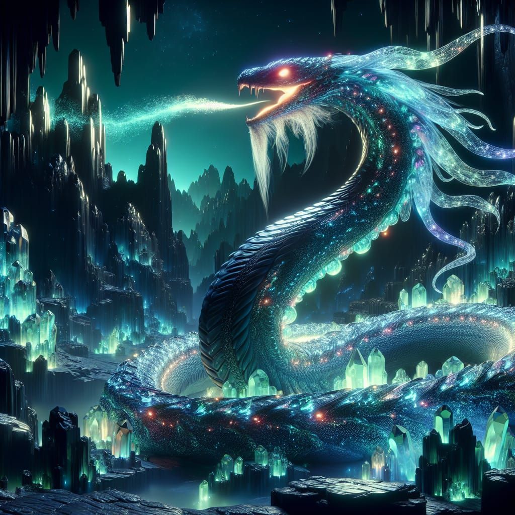 Bioluminescent Serpent in Crystalline Cavern: Digital Matte ...