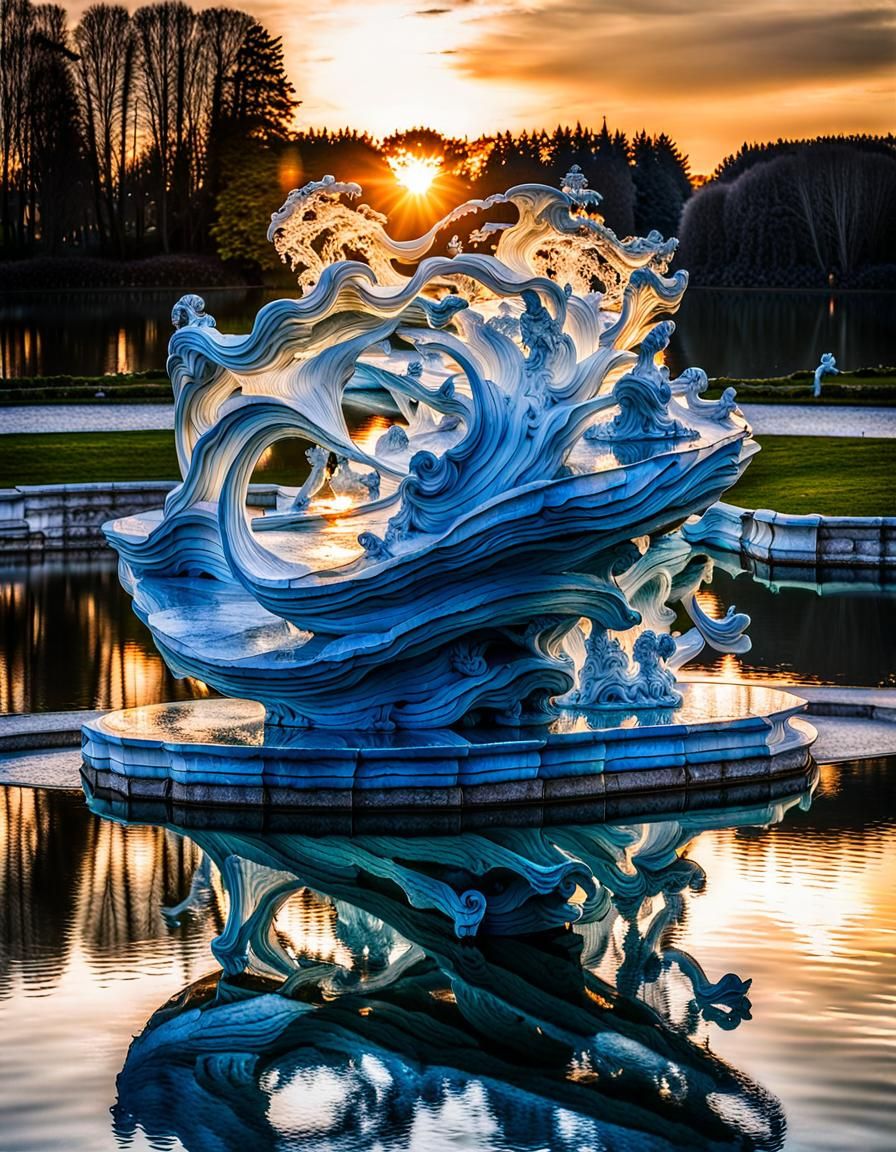 Blue Glass Wave Sculpture in Versailles Gardens