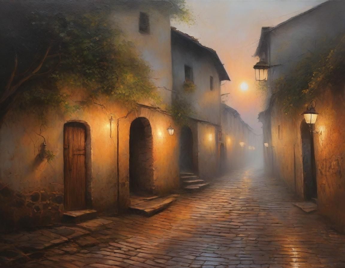 Picturesque Village Alley at Sunrise as Acrylic Painting