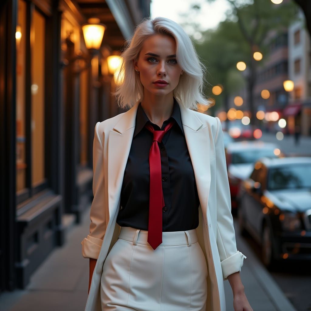 Hyperrealistic Woman Portrait in Chic Jacket on City Street
