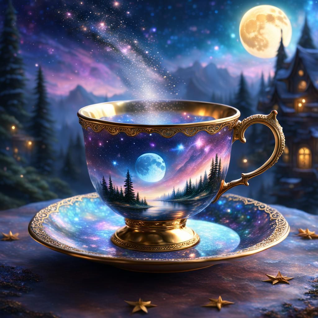 Enchanted Galaxy in Crystal Teacup: Digital Painting