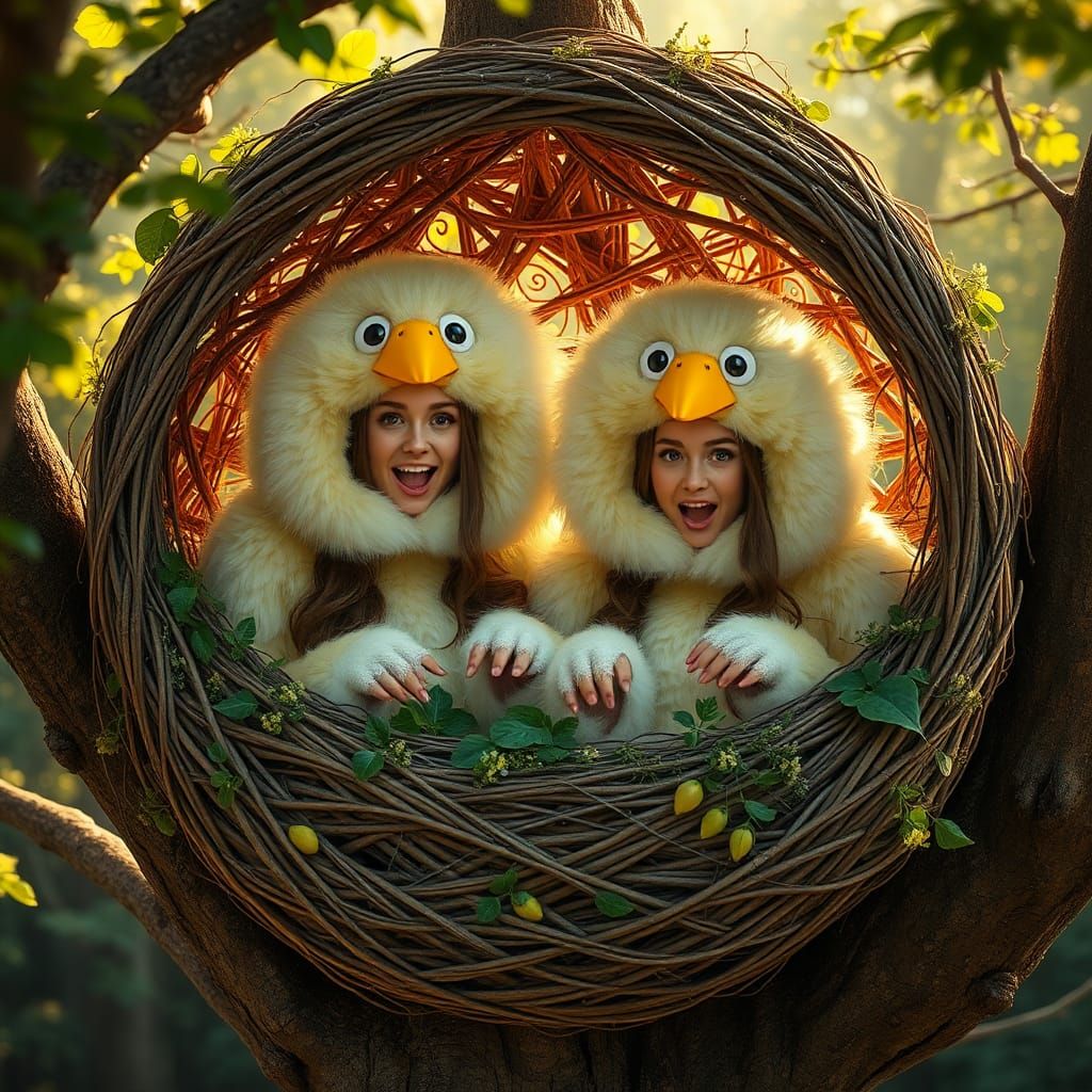 Women in Bird Costumes in Giant Nest