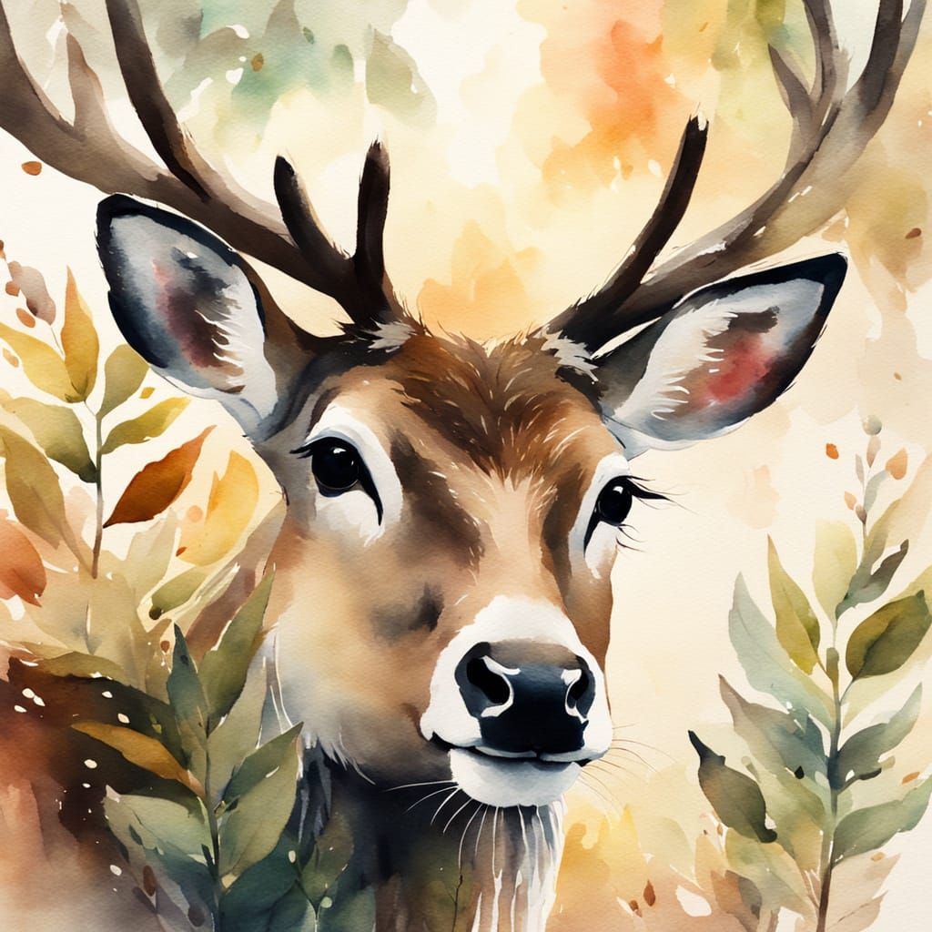 Whimsical Watercolour Reindeer Eating Leaves