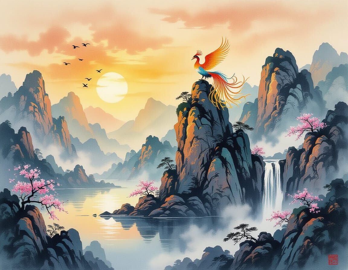 Majestic Phoenix in Traditional Chinese Ink Painting