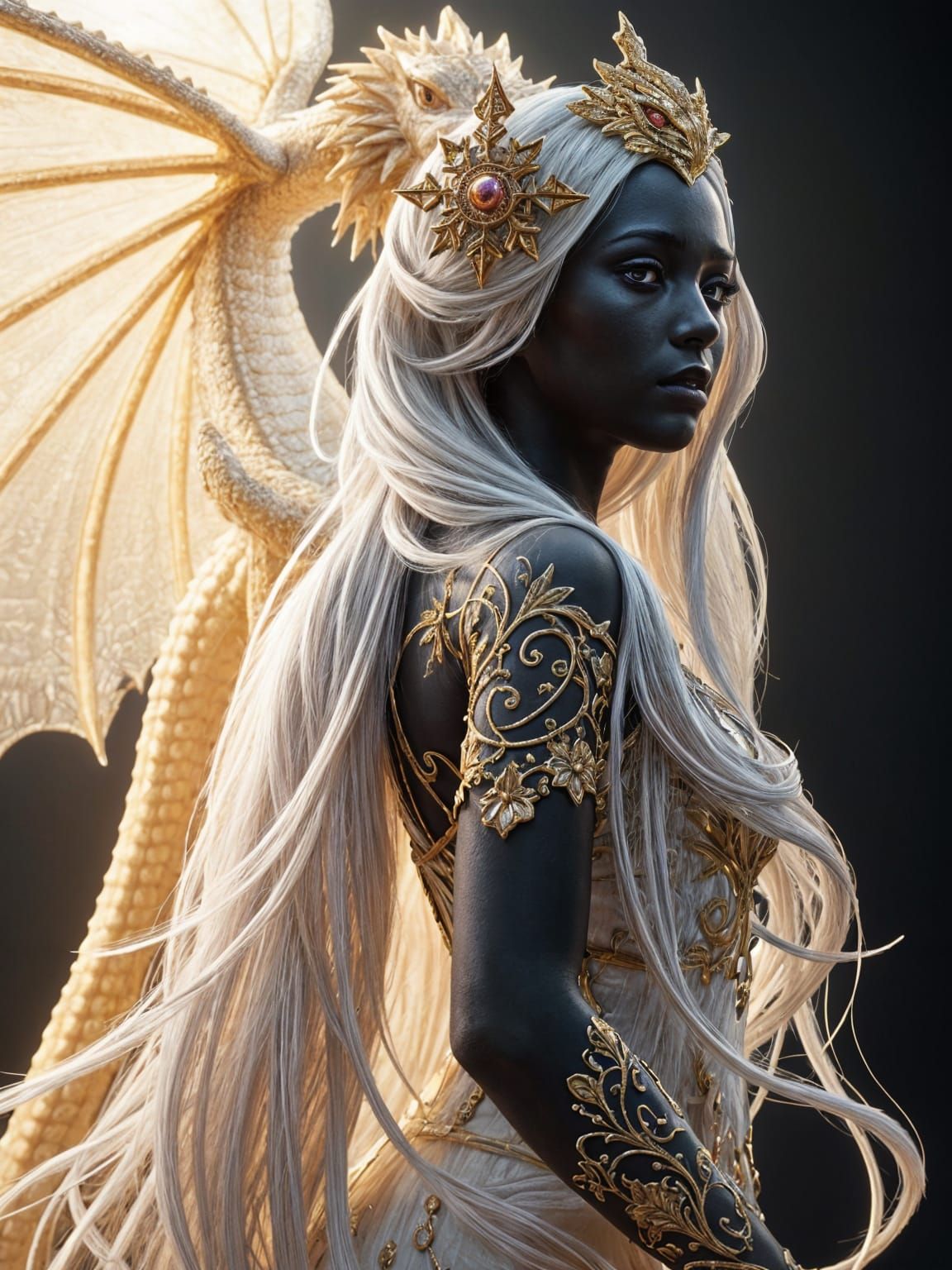 a beautiful ethereal white haired black woman with a translu...