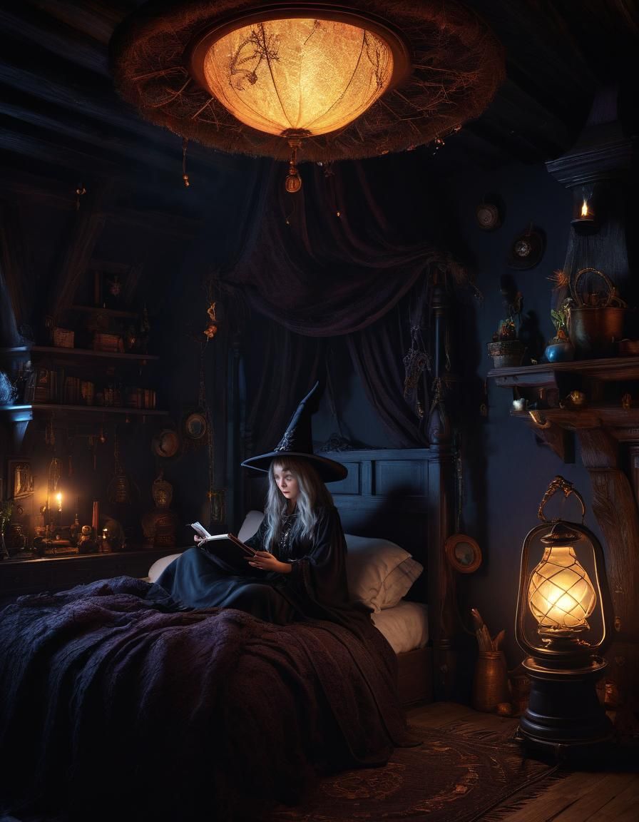 Witch in Cauldron Lit by Lamp: Fantasy Realism