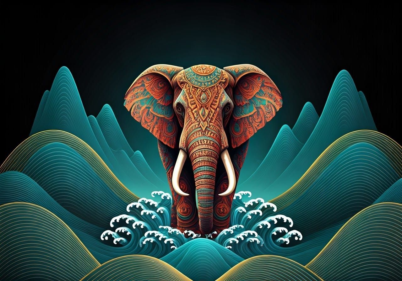 Vibrant Elephant in Chinese Landscape with Golden Waves
