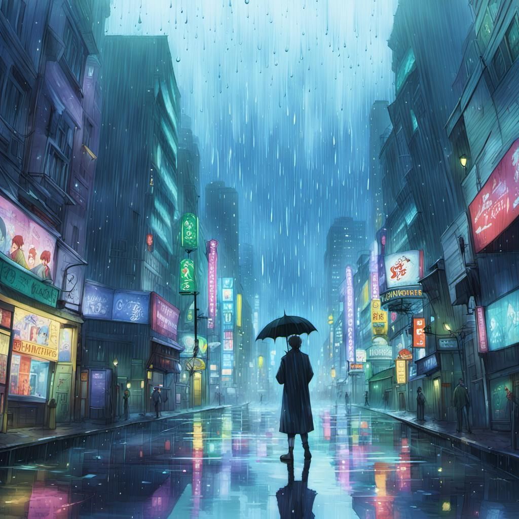 Vibrant Anime Scene with Cel-Shaded Rainfall